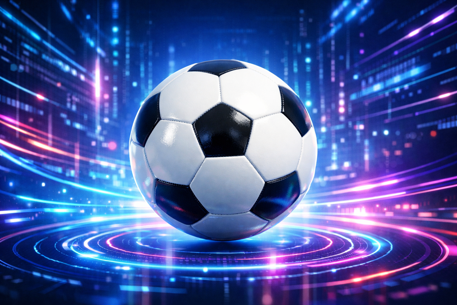 Animated 3D soccer ball spinning continuously on a bright cyber background