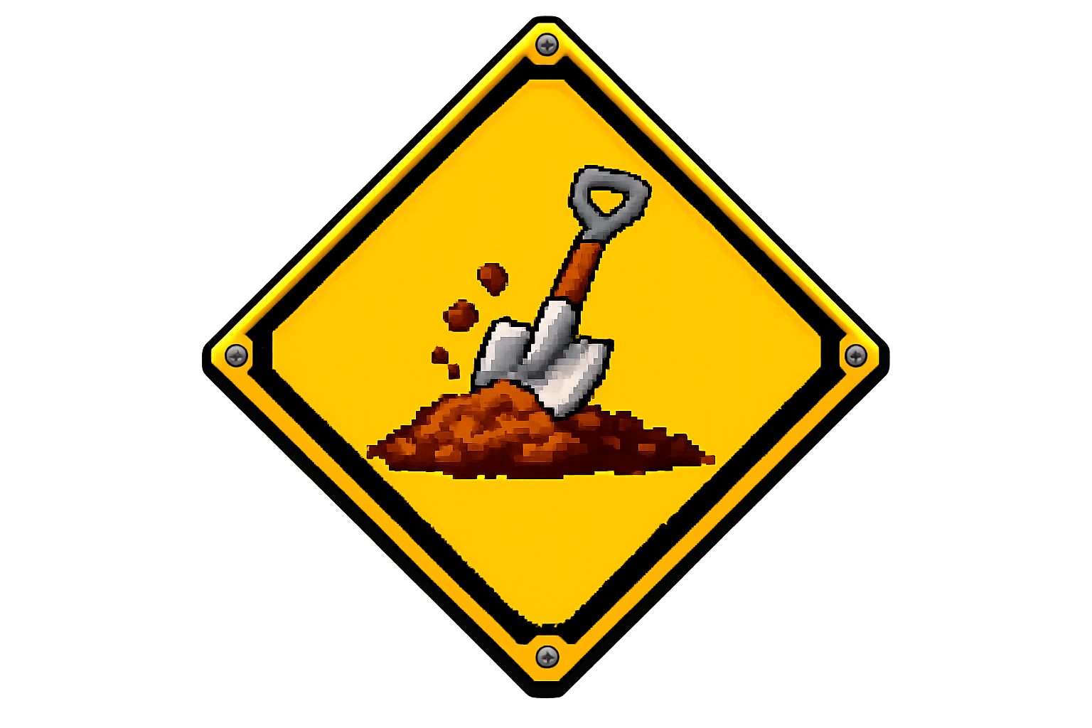 Animated classic yellow under construction sign with a cartoon shovel digging pixelated dirt