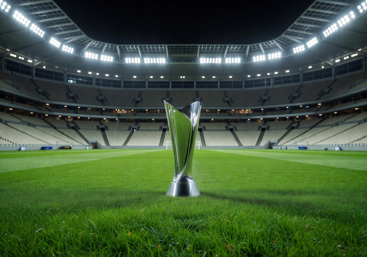 Glorious digital rendering of the World Cup trophy standing on retro neon pixelated grass inside an extreme cyber dome