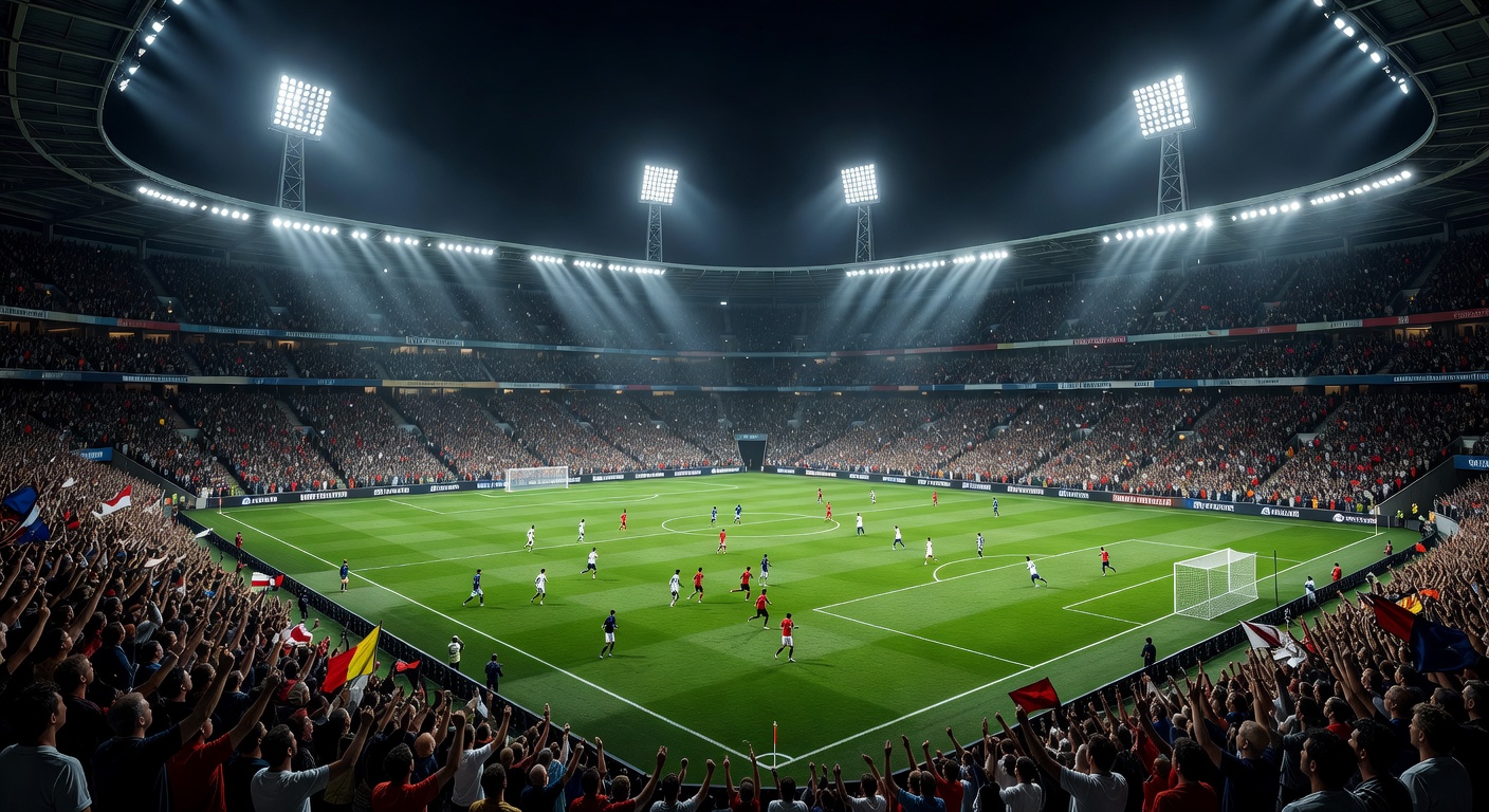 Spectacular 90s cyber soccer arena glowing bright under colossal toxic green floodlights